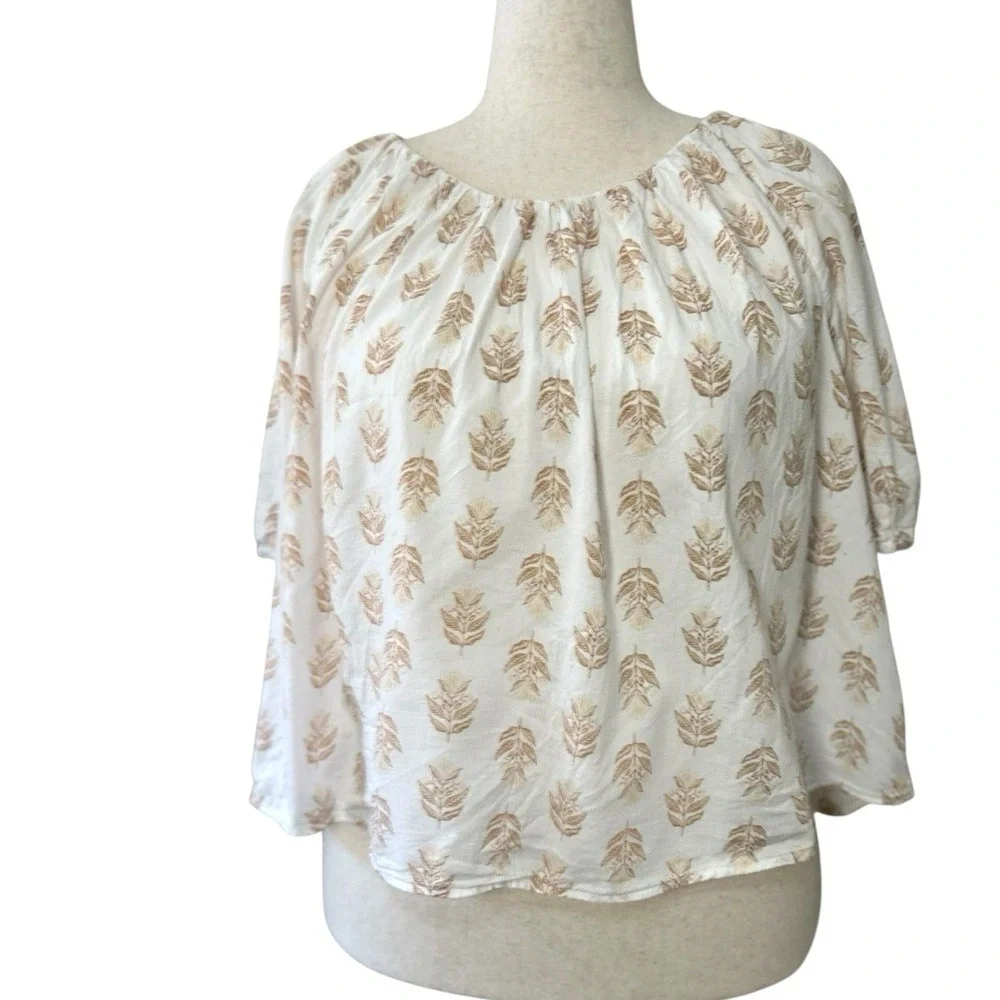 Old Navy Floral Block Stamp Peasant Top XL Puff Sleeve Tie Back Cottage Boho